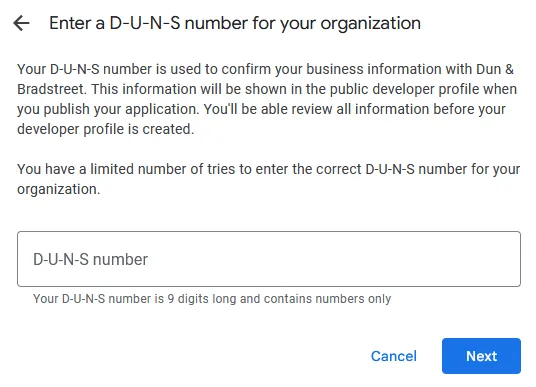 A screenshot of the popup where you can enter the D-U-N-S number.