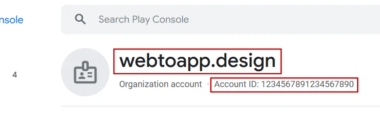 The developer account name and the id highlighted in the Google Play Console.