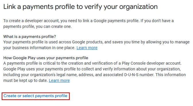 A screenshot of the page with information about the payments profile.