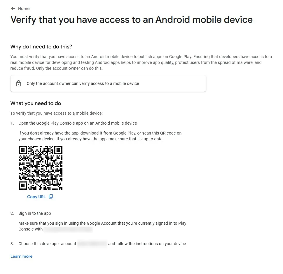 A screenshot of the Google Play Console explaining how to verify your access to an Android device.