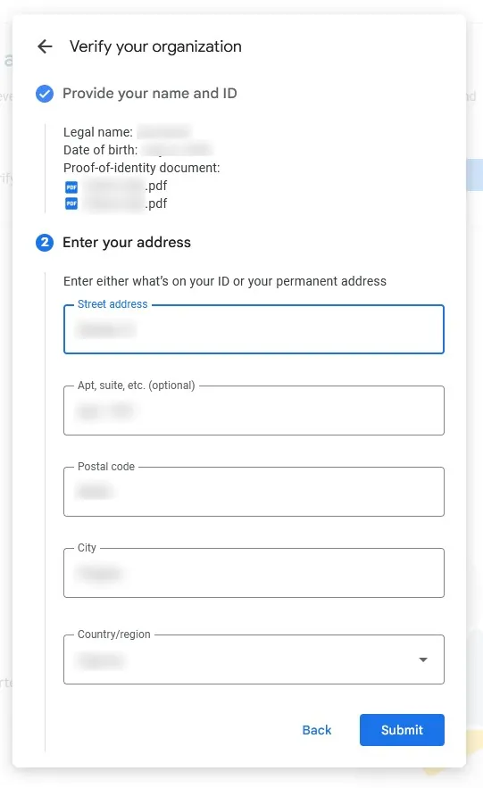 A screenshot of the dialog where you can upload your identity document and enter your address.