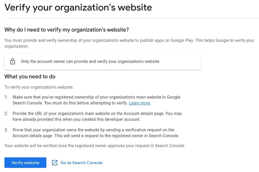 Uno screenshot delle istruzioni di verifica del sito web nella Google Play Console.