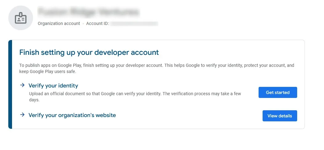 A screenshot of the Google Play Console asking you to verify your identity.