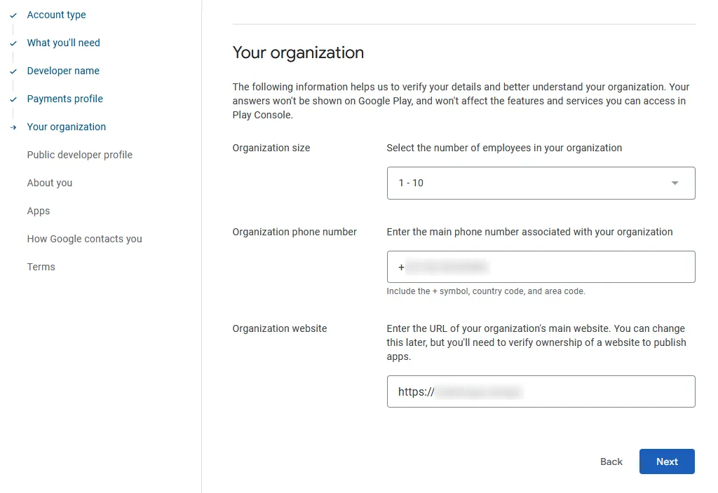 A screenshot of the page where you can enter the number of employees, phone number and website.