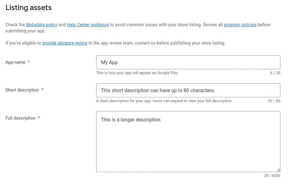 A screenshot of the app description input fields.