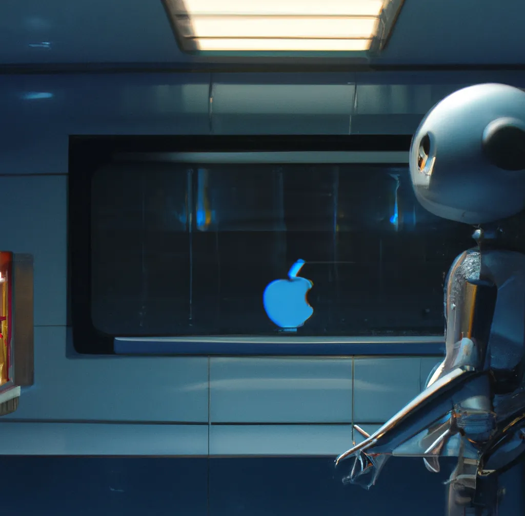 Ein humanoider Roboter schaut auf ein Computerterminal im Weltraum, das eine Benachrichtigung mit einem angehängten Bild eines Apfels anzeigt, digitale Kunst.