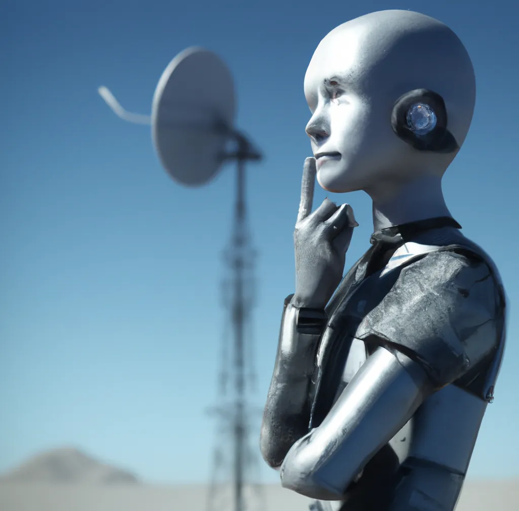 Um robô humanoide recebendo um sinal com uma antena parabólica, arte digital
