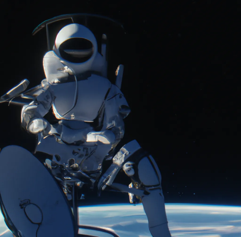 A humanoid robot in space sending messages with a satellite dish, digital art