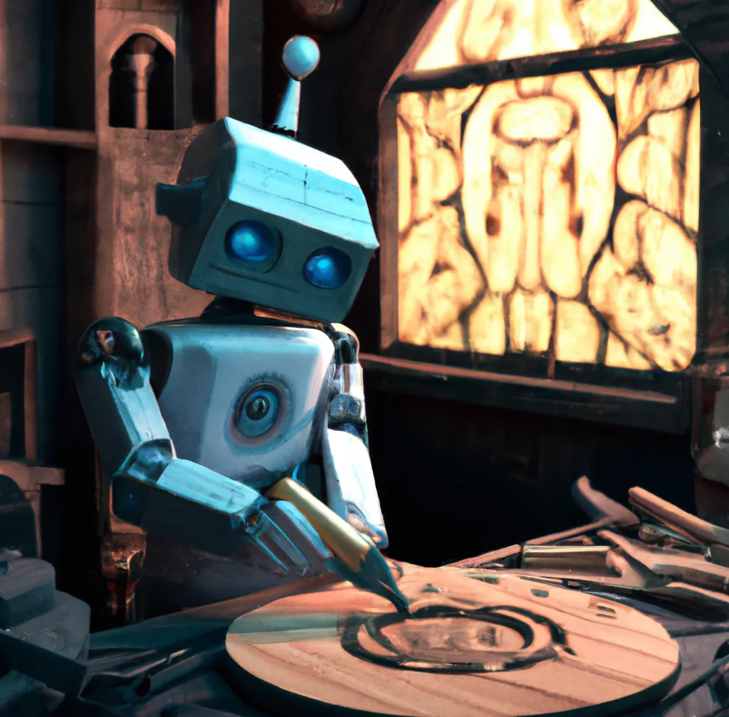 A cute humanoid robot with dark blue eyes working in a cozy woodworking workshop, digital art