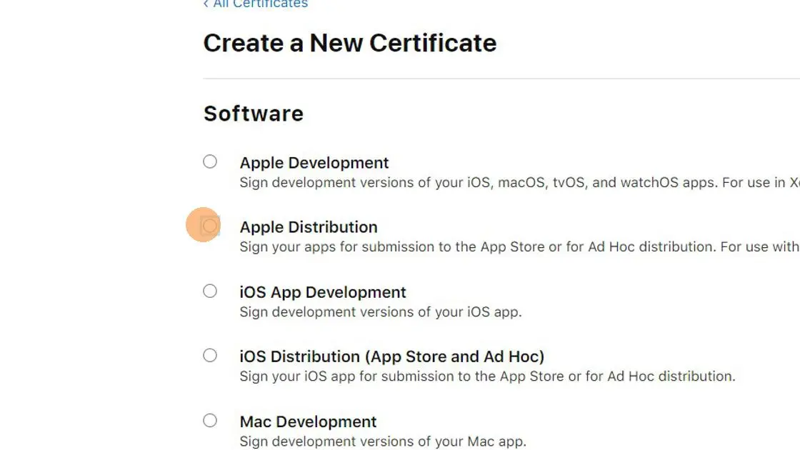 Seleziona Distribuzione Apple (Apple Distribution)