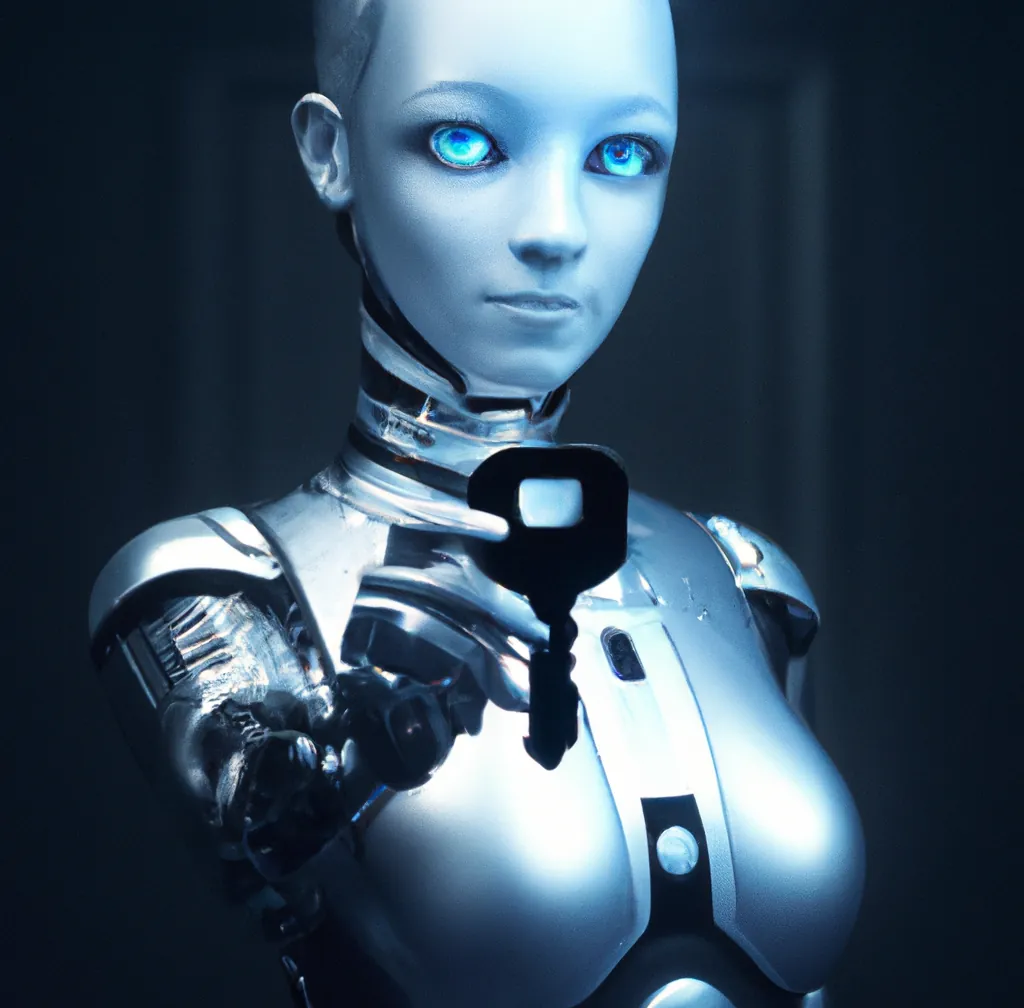 A friendly humanoid robot with dark blue eyes holding a digital key, digital art