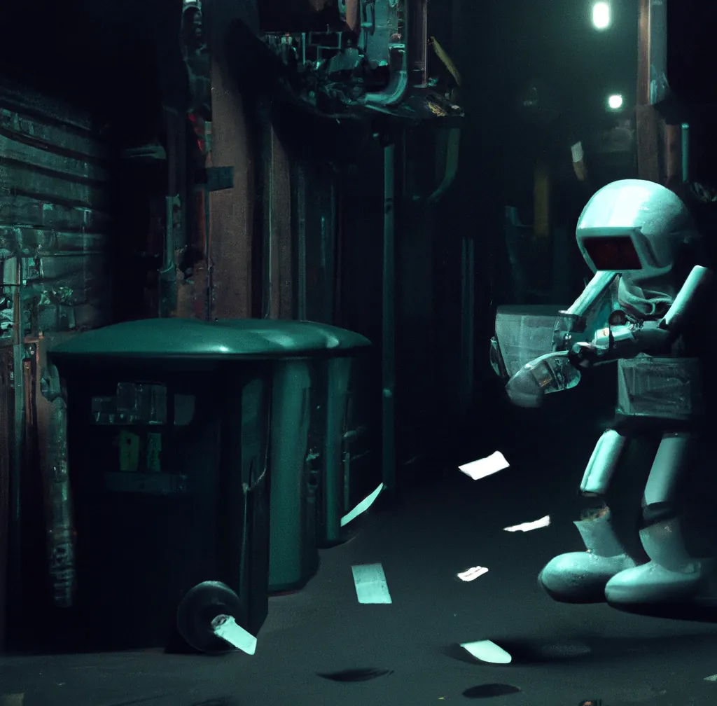 En söt humanoid robot kastar en hög med data i en papperskorg i en dyster gränd, digital konst