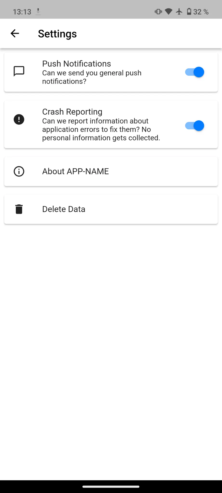 A screenshot of the app settings showing the delete data card.