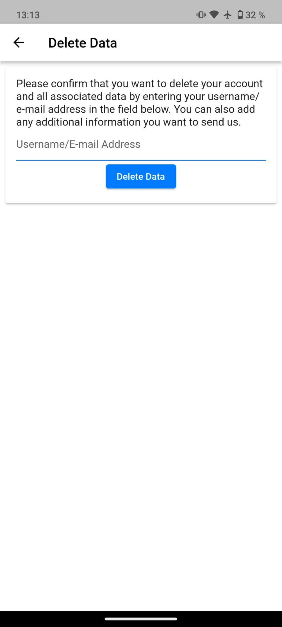 Een screenshot van het scherm waar gebruikers hun e-mailadres kunnen invoeren om de verwijdering van hun account aan te vragen.