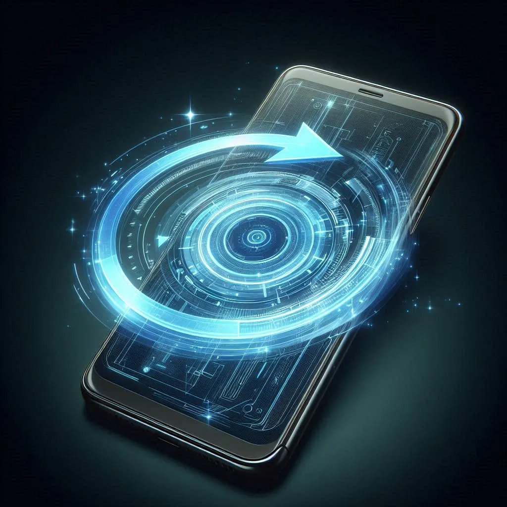 Holographic smartphone with blue rotation arrow around it, digital art