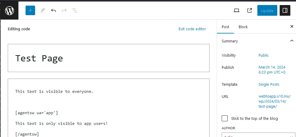 A screenshot of the above text in the WordPress code editor.