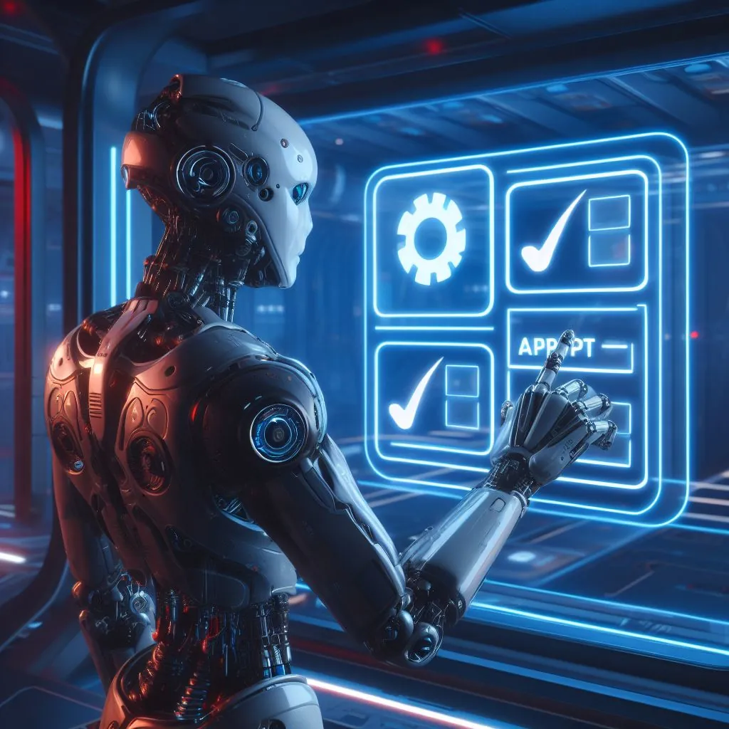Een humanoïde robot vinkt selectievakjes aan op een app-ID in een ruimteschip, digitale kunst