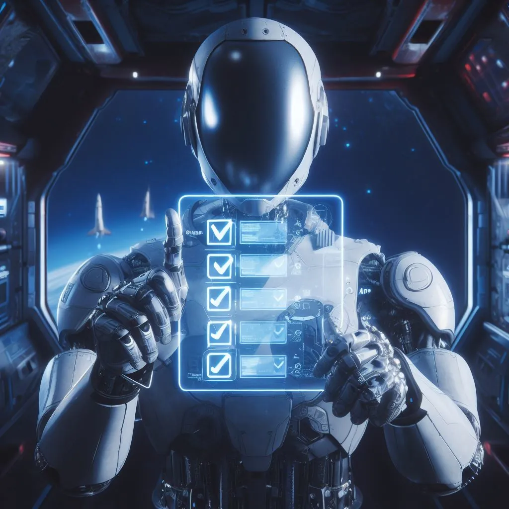 Um robô humanoide marcando caixas de seleção em um identificador de aplicativo em uma nave espacial, arte digital