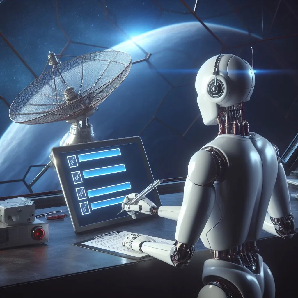 Un robot humanoide marcando casillas en un formulario con una antena parabólica en una nave espacial, arte digital