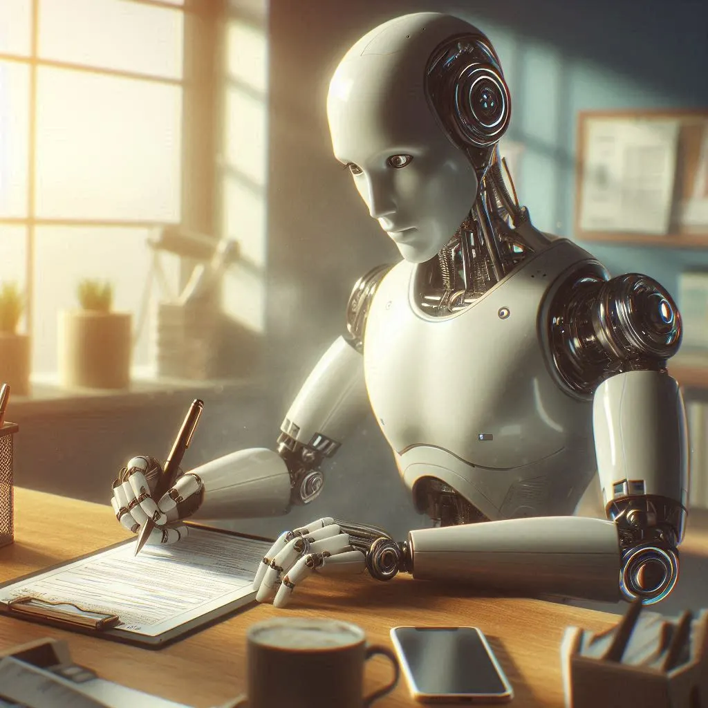 A humanoid robot filling out a form with a pen in a cozy office, digital art