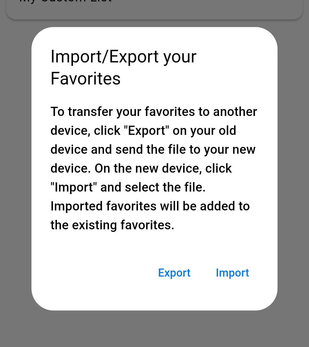 A screenshot showing the dialog that allows importing and exporting favorites.