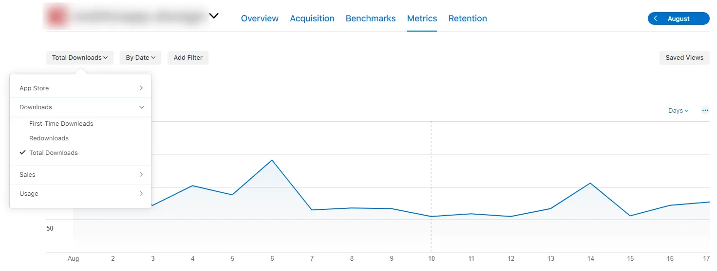 Een screenshot van de App Store Connect statistiekenpagina met nieuwe app downloads.
