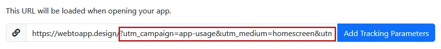 Uma captura de tela da URL de um app configurada para incluir parâmetros UTM.