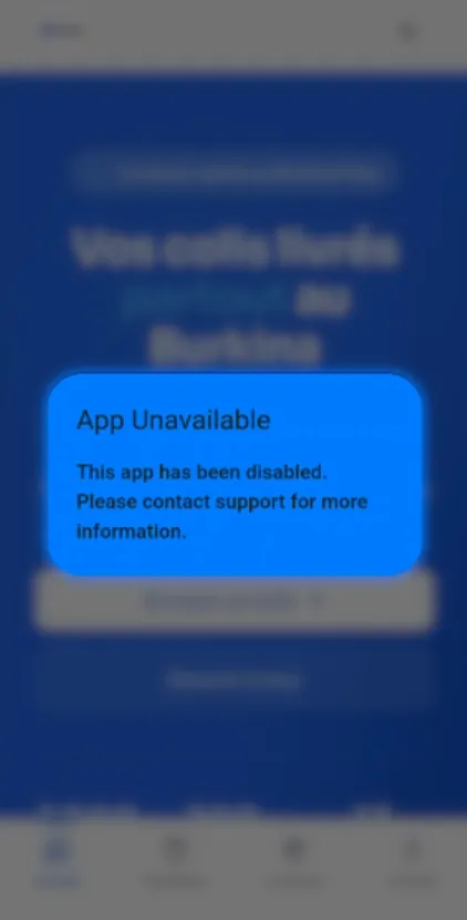 A screenshot of the app disabled dialog shown in the app.