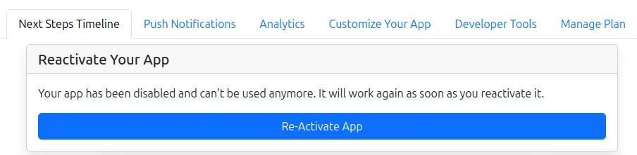 A screenshot of the app reactivation dialog in the dashboard.