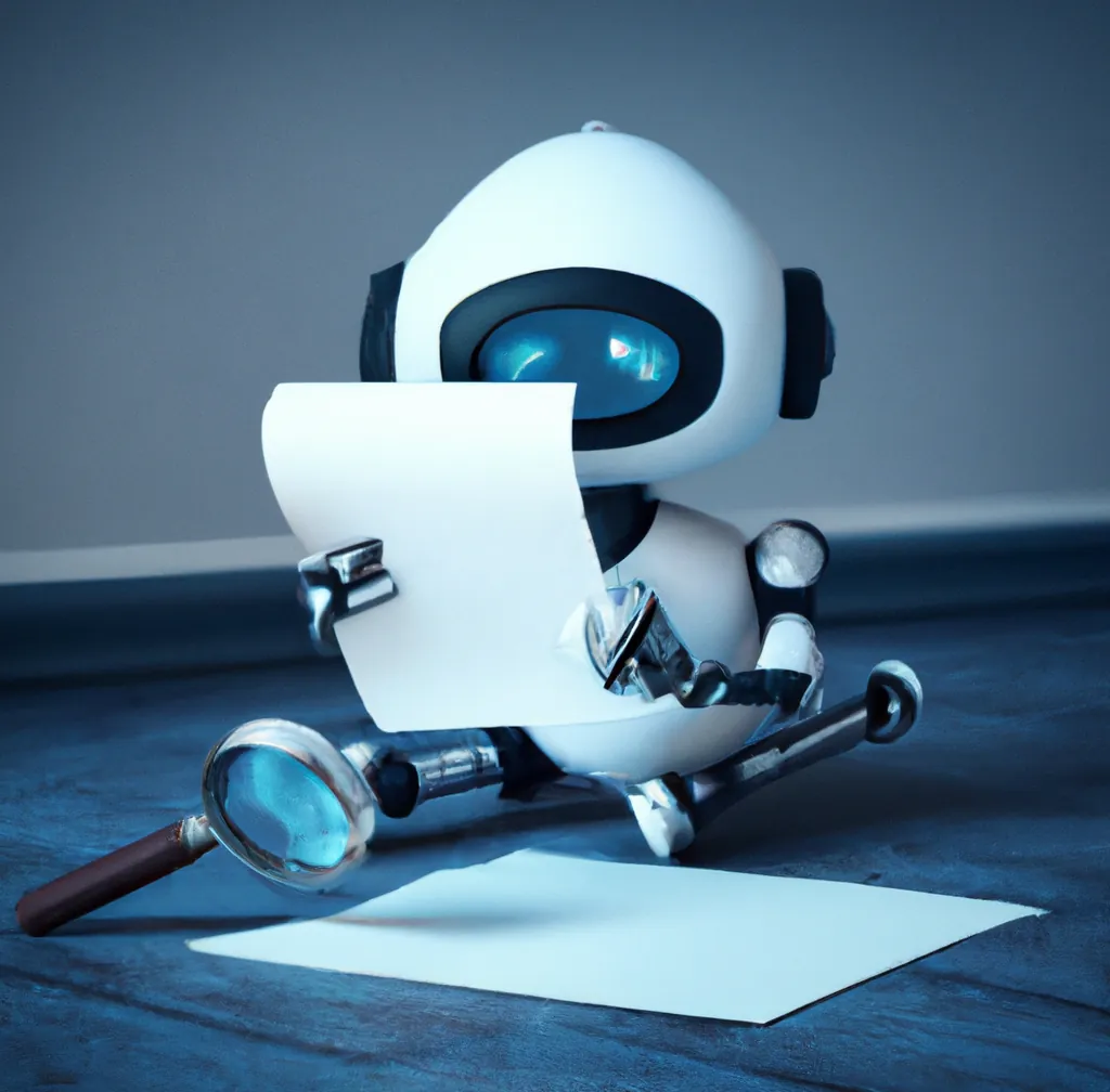 A cute humanoid robot with dark blue eyes holding a magnifying glass looking through papers on an office floor, digital art