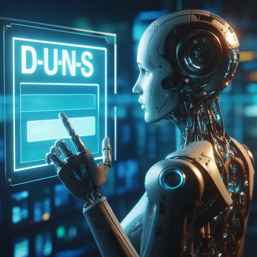 Un robot humanoide solicitando un número D-U-N-S, arte digital