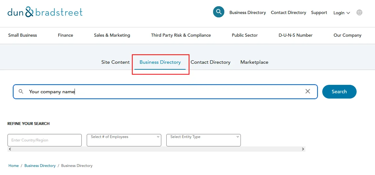 Screenshot of the D&B business directory search
