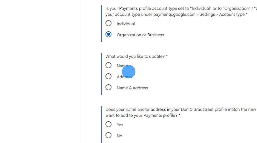 Select whether your company's name, address or both changed.