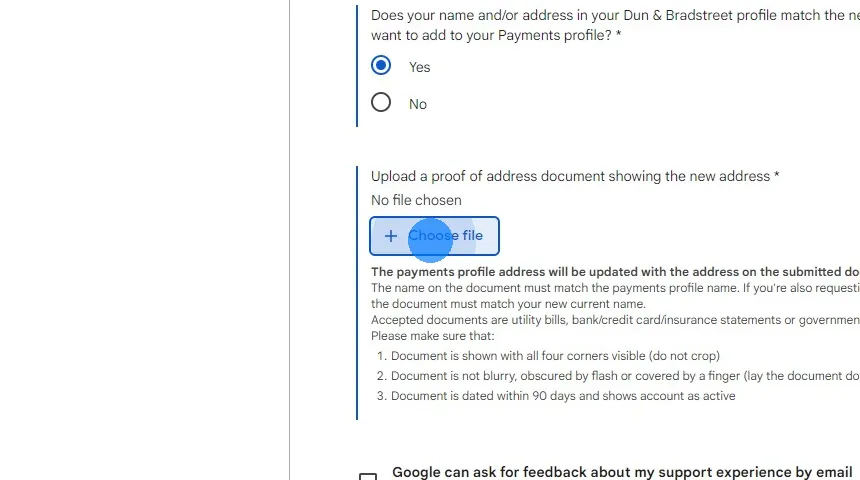 Sube un documento que muestre el nombre y la dirección actual de tu empresa. Los documentos aceptados son facturas de servicios, extractos bancarios/tarjetas de crédito/seguros o documentos emitidos por el gobierno. El documento no puede tener más de 90 días de antigüedad.