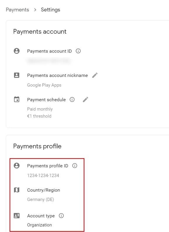 A screenshot of the payments settings page in the Google Play Console.