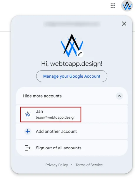 A popup that allows you to switch between Google accounts.