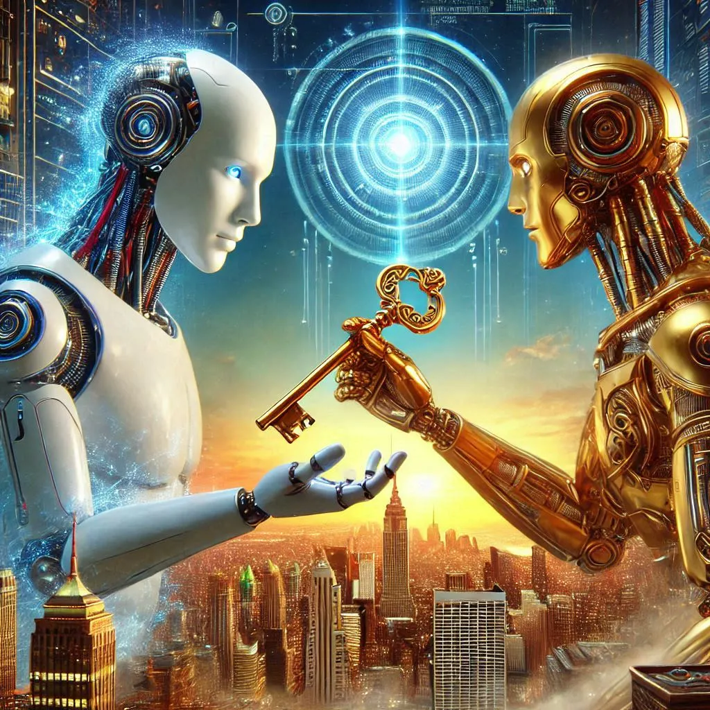 A humanoid robot handing over a golden key to another robot with a city in the background, digital art