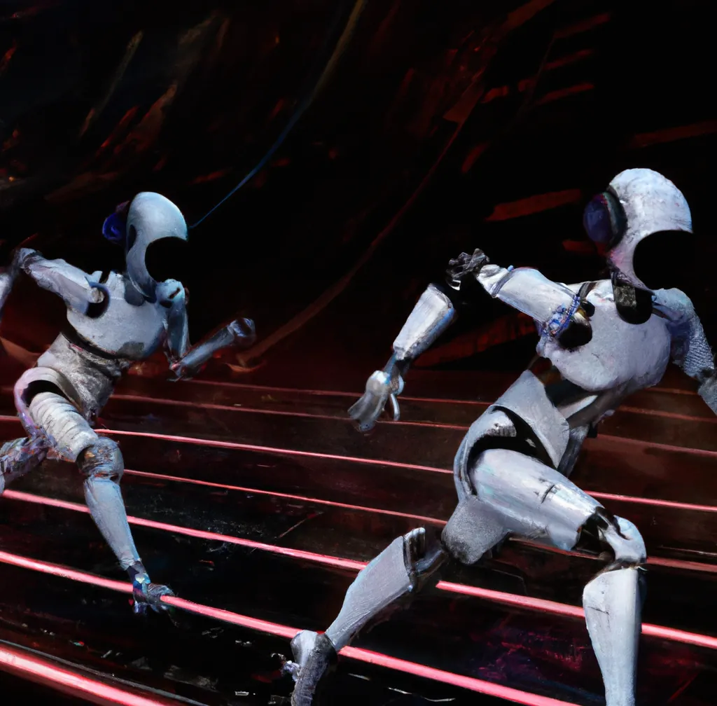 Twee humanoïde robots rennen op een virtuele racebaan in de ruimte, digitale kunst
