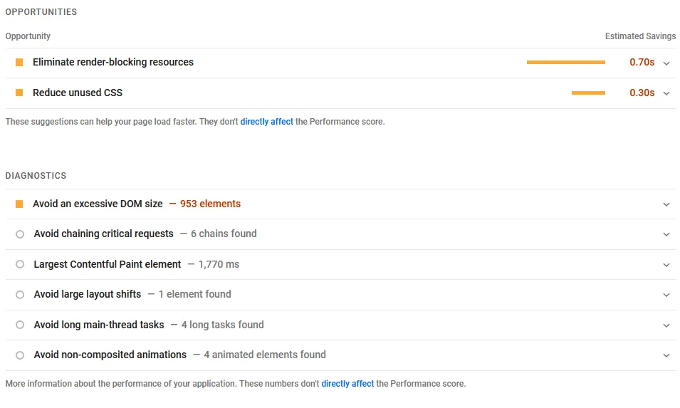 A screenshot of the improvement opportunities PageSpeed Insights suggests for webtoapp.design.