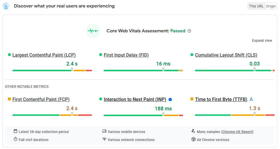 A screenshot of the Core Web Vitals assessment of webtoapp.design.