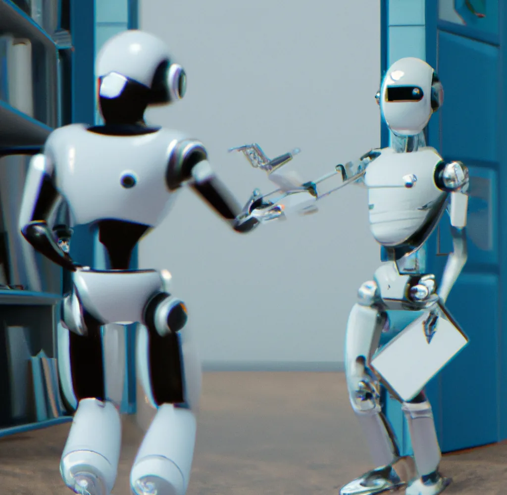 Ein niedlicher humanoider Roboter, der einen anderen Roboter mit offenen Armen in seinem Büro empfängt, digitale Kunst