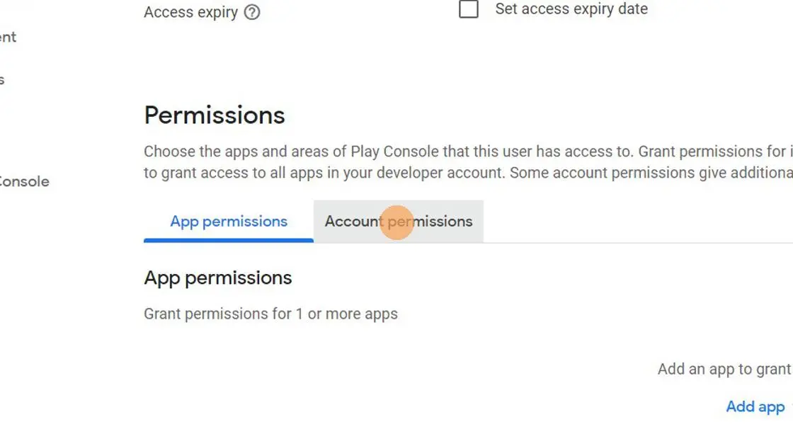 Passez de l'onglet « App permissions (Autorisations de l'application) » à l'onglet « Account permissions (Autorisations du compte) »