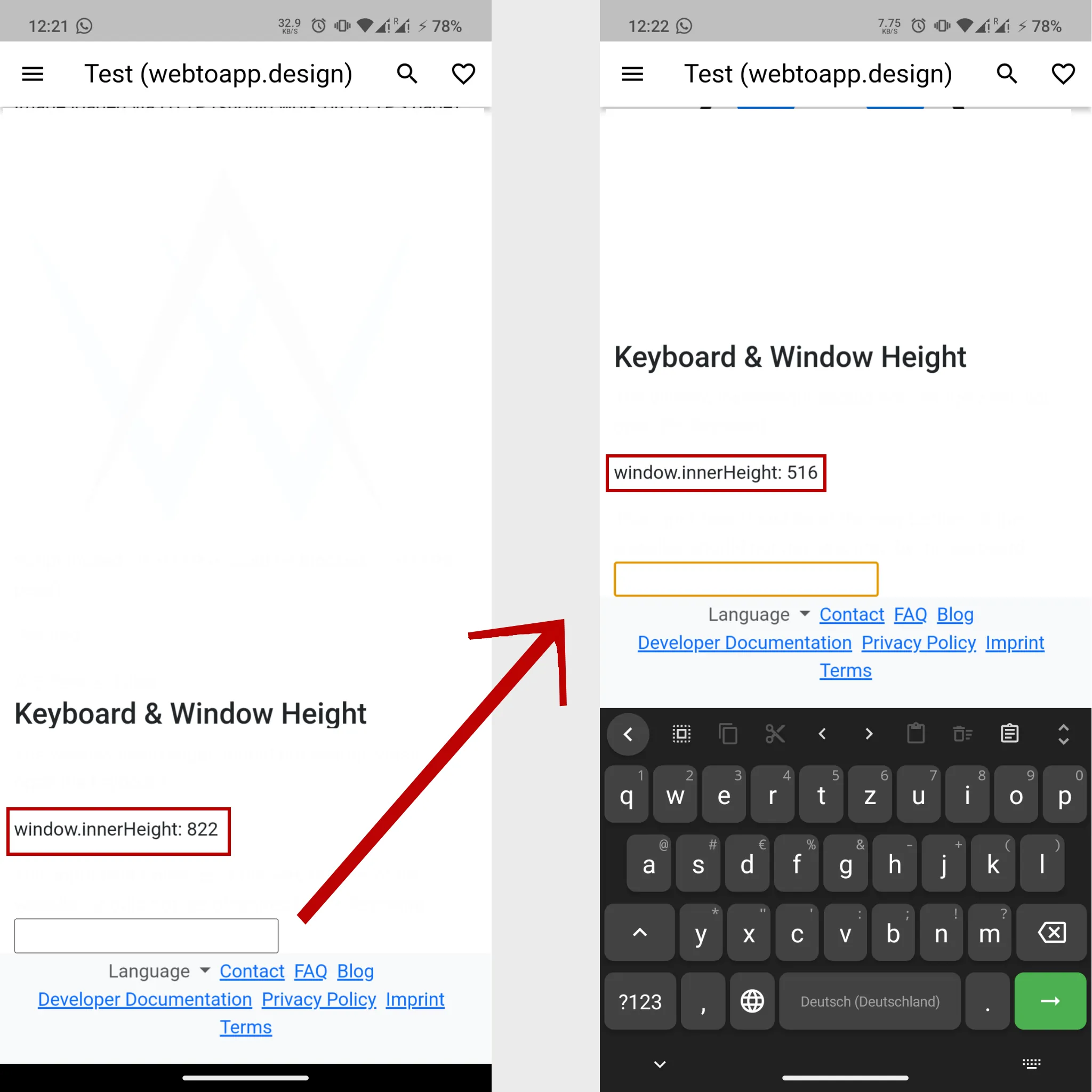 A comparison of two screenshots, one with the keyboard open and one where it's closed.