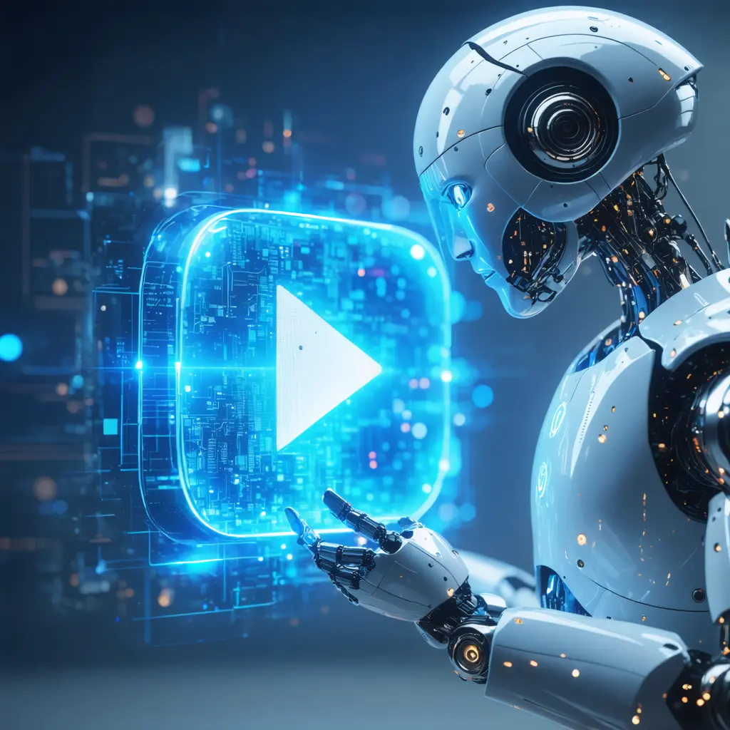 Ein humanoider Roboter drückt einen schwebenden Play-Button mit blauem Leuchten, digitale Kunst