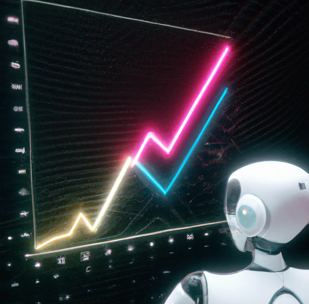 Een humanoïde robot kijkt naar een holografisch stijgend diagram in een ruimteschip, digitale kunst