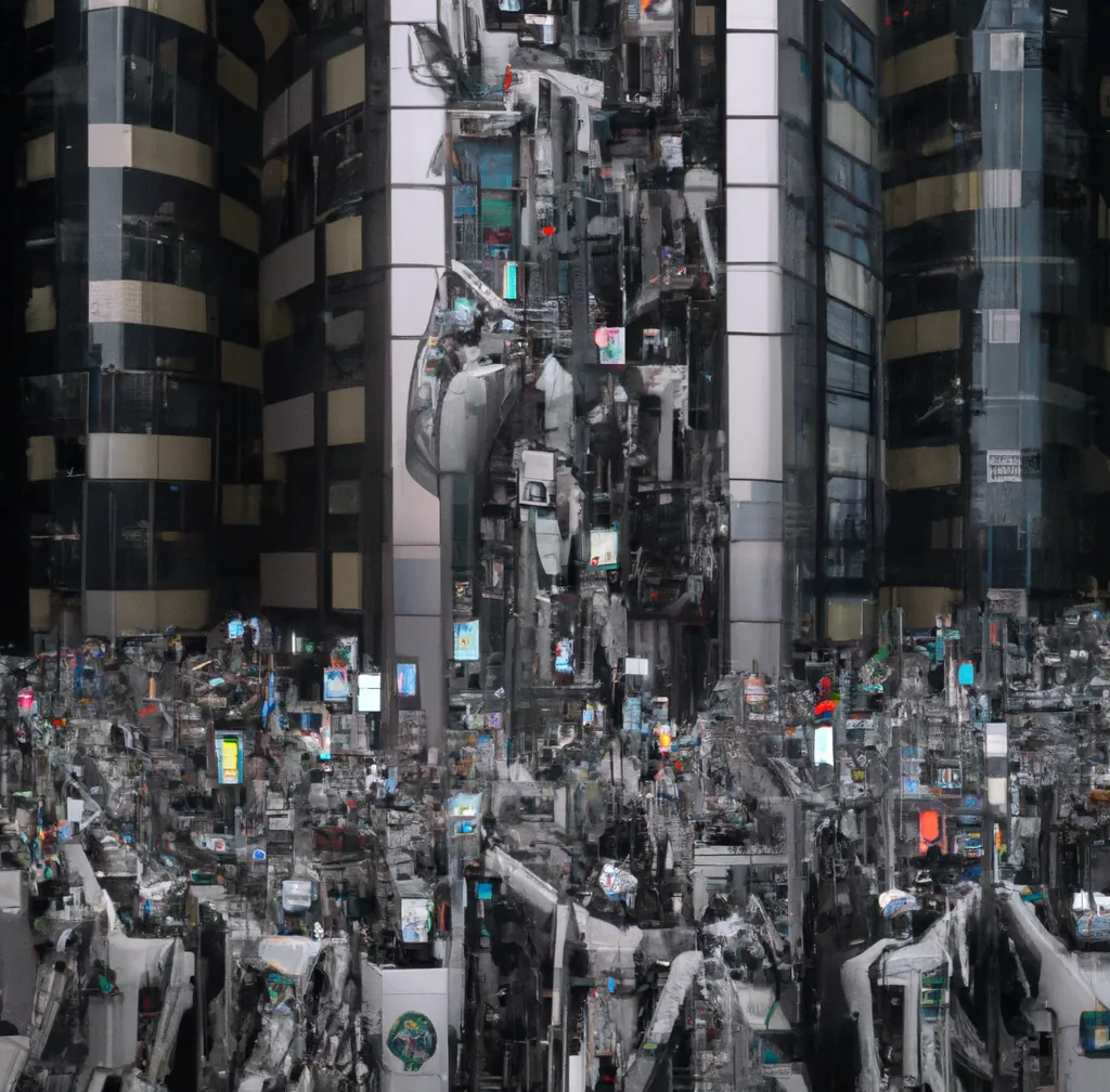Een grote menigte humanoïde robots met smartphones probeert een wolkenkrabber binnen te komen, digitale kunst