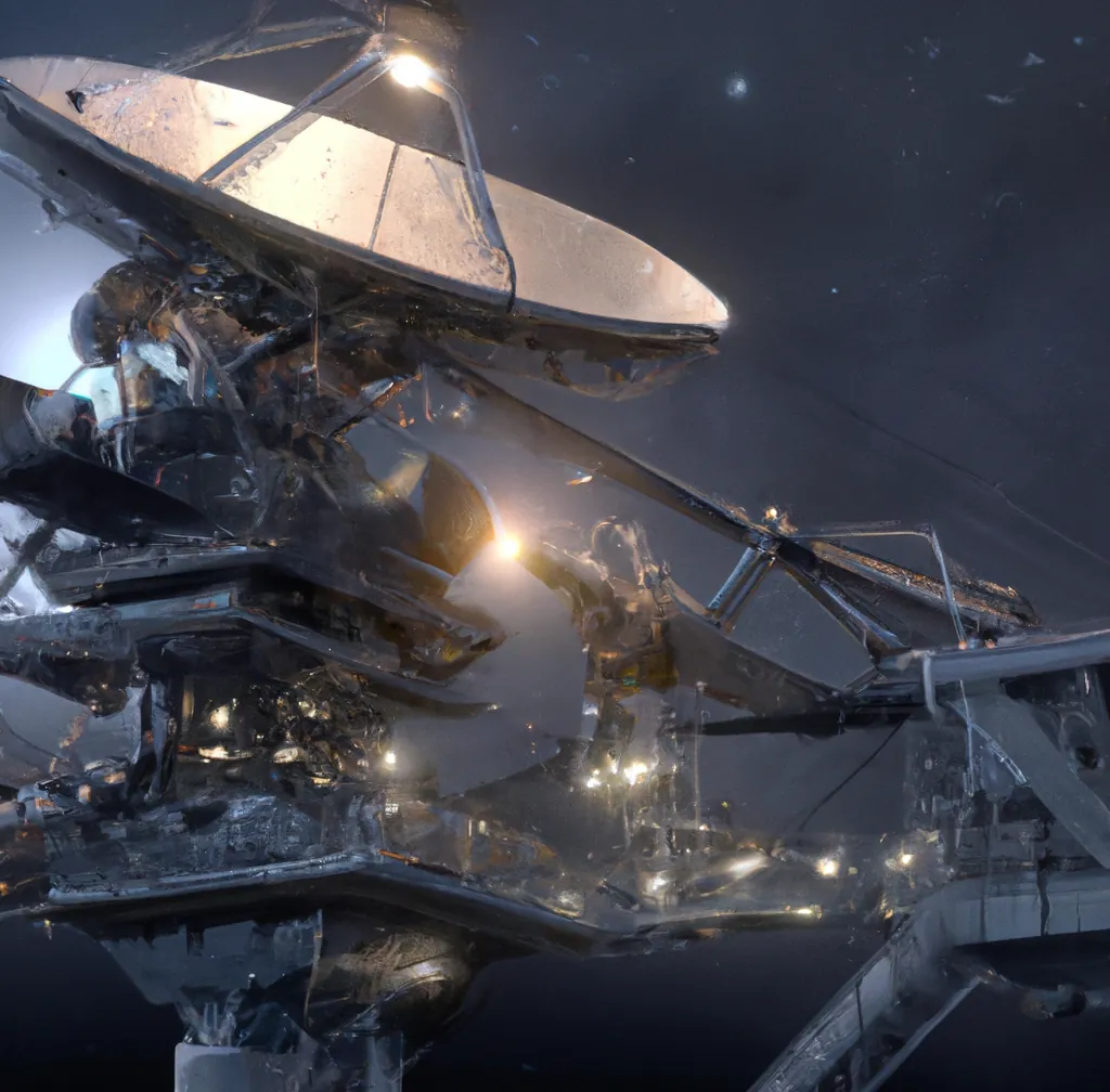 A large futuristic crane building a large satellite dish in space, digital art