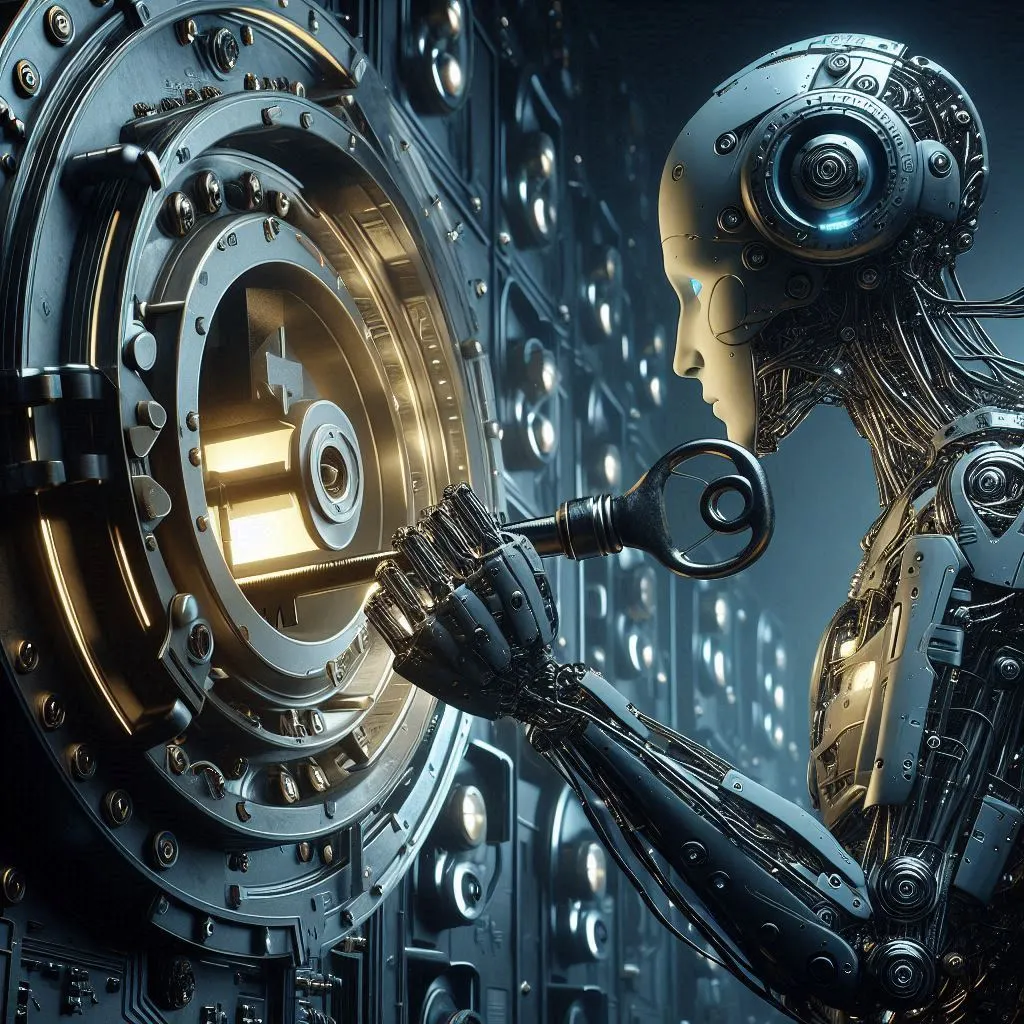 Een humanoïde robot met een grote sleutel die een kluisdeur opent, digitale kunst