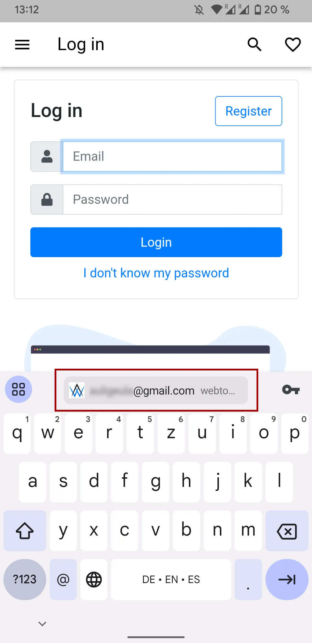 Een screenshot van het Android-toetsenbord dat aanbiedt om automatisch de inloggegevens in te vullen die zijn opgeslagen in de Google-wachtwoordmanager.