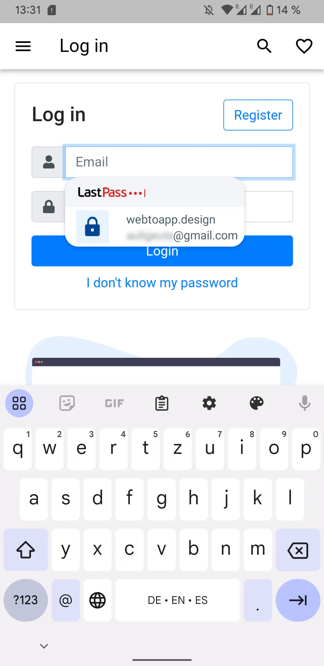 A screenshot of a LastPass popup offering to automatically fill out the login details saved for the webtoapp.design app.